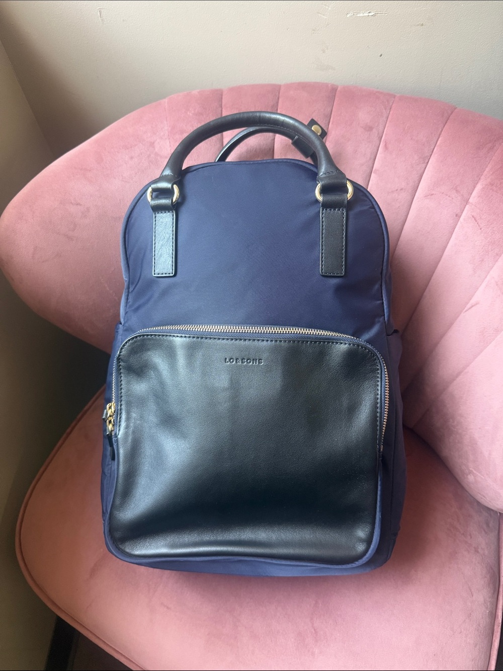 Lo & Sons Rowledge Laptop Backpack - Navy with Brown Pocket
